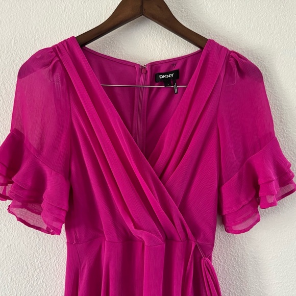 DKNY Pink Chiffon Barbiecore Wrap Dress Ruffle Sleeve Feminine Vibrant Size 2 - Picture 3 of 16